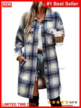 Women's Plaid Shacket Jacket Button Down Long Sleeve Woolen Coat with Pockets